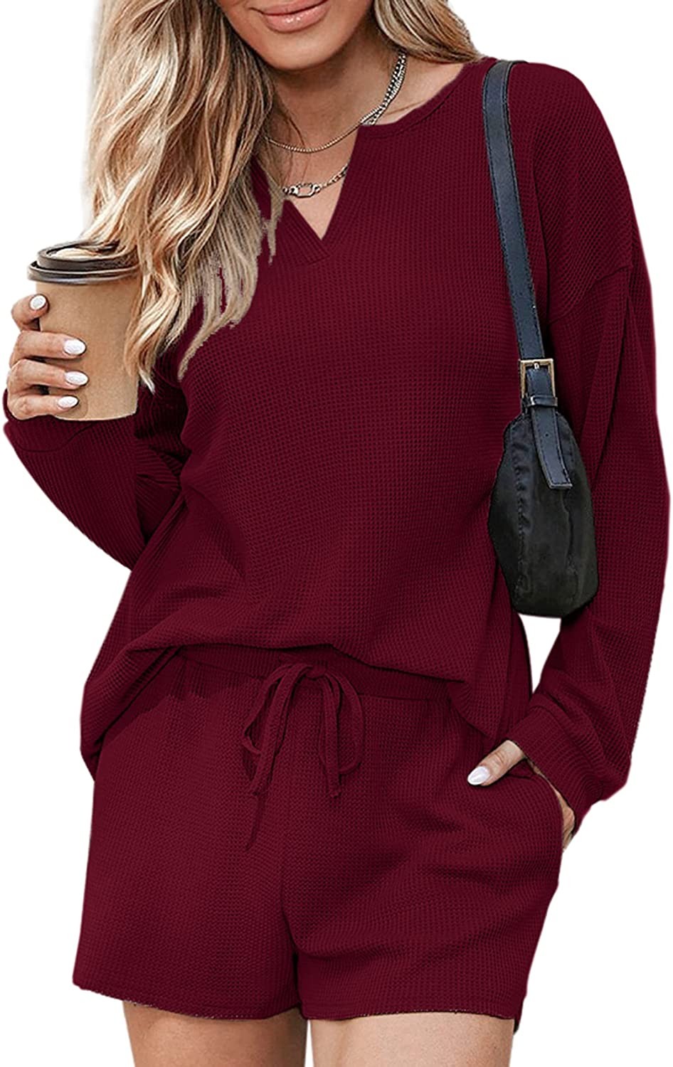 Ekouaer Pajamas Womens Waffle Knit Lounge Set Long Sleeve Top and Shorts 2 Piece