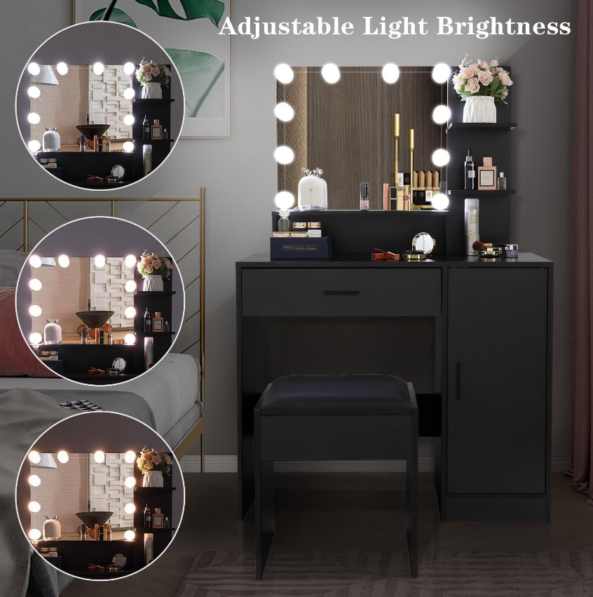 Vanity Set 10 Lighted Mirror Makeup Dressing Table W/ Dresser Cabinet for Women